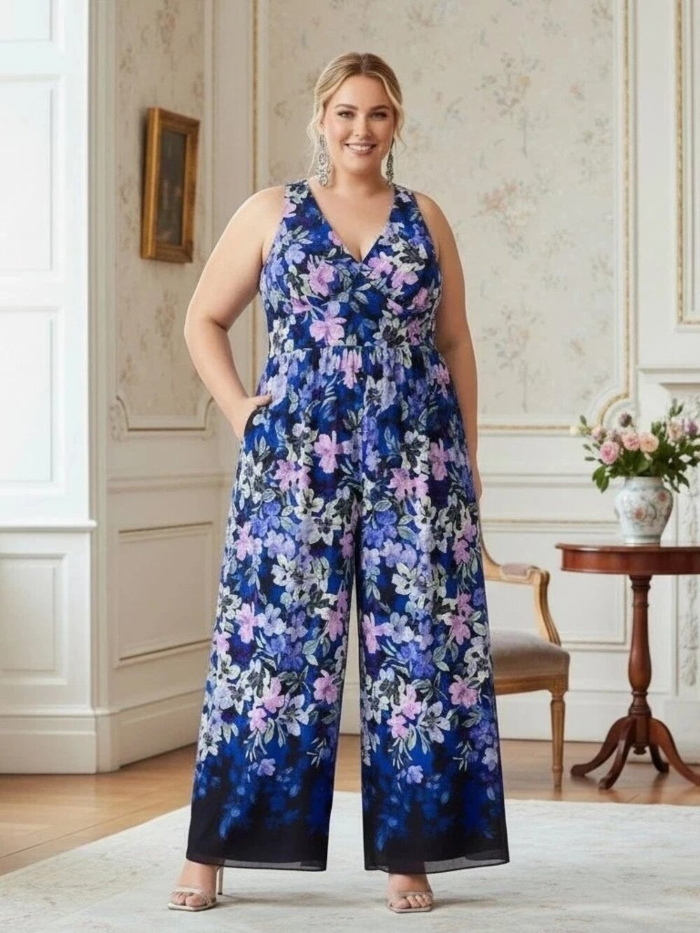Betsy & Adam Blue Multi Floral-Print Sleeveless Jumpsuit
